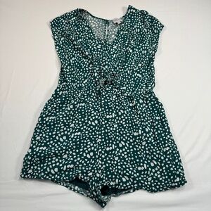 Dear Siouxsie Polka Dot Romper Womens Size XL Green White Pockets Keyhole Tie
